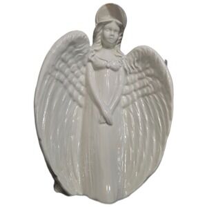 White Glossy Ceramic Angel Figurine with Halo and Spread Wings Decor